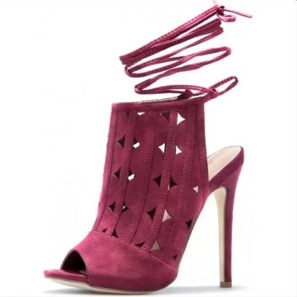 SHOEDAZZLE MAROON 'RACHEL'S LASER-CUT SINGBACK HEELS SANDAL - Picture 14 of 15